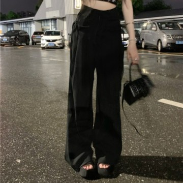 高腰拖地褲 休閒褲 工裝褲 寬褲 長褲 褲子 拖地休閒褲女裝美式工裝褲高腰寬鬆設計感長褲寬褲闊腿褲褲子