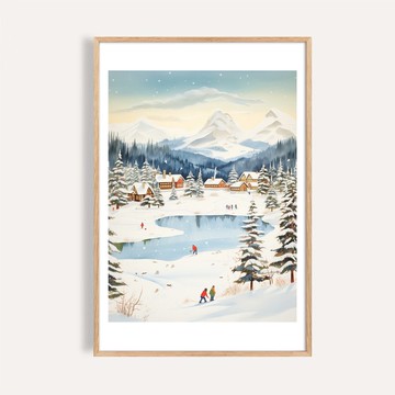 湖畔雪村 Winter Lakeside Village / 耶誕雪景掛畫 海報 無框畫
