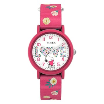 TIMEX  天美時 x Peanuts  34毫米 史努比 擁抱愛 花卉帆布錶帶手錶(粉TXTW2W83200)