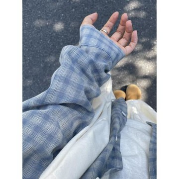 章若楠同款長袖藍色格子襯衫2025寬松慵懶上衣百搭防曬衫襯衣外套