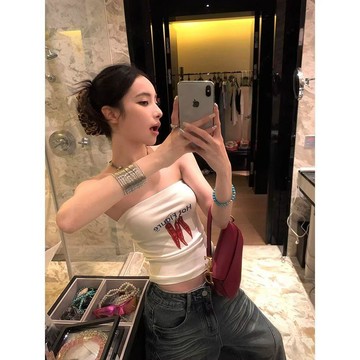 美式y2k印花吊帶背心女外穿夏泰式辣妹一字肩抹胸小上衣獨特絕美G  一字領 美式風 斜肩