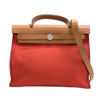 HERMES 愛馬仕 橘紅色 帆布 Herbag Zip 31 兩用包 A刻 銀釦 缺鎖扣 【二手名牌BRAND OFF】