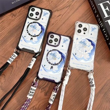 蓝色水母 四角可挂繩 防摔 無綫充電磁吸適用iphone 18 pro max17 16 15 14 13 12手機殼