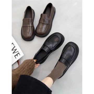 香港厚底樂福鞋女一腳蹬2025年春秋新款小皮鞋英倫風黑色單鞋真皮