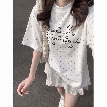 綠安禾🚚 韓系100%純棉波點短袖t恤女夏季新款顯瘦遮肉休閒學院ins印花上衣