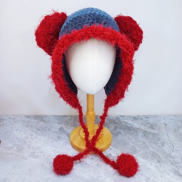 噴點段染熊耳毛線帽 小熊帽 兜帽 手編織帽