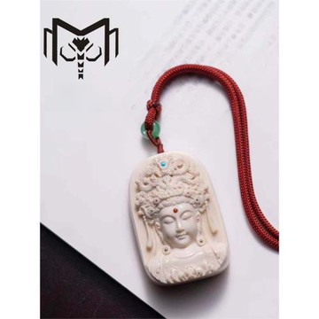 三恒猛犸象牙手工雕刻牌觀音佛吊墜蜜蠟松石文玩配飾男女款保平安