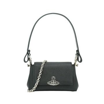 Vivienne Westwood 星球銀logo防刮皮鏈帶兩用肩背包(黑)