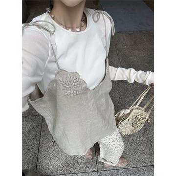 OWISH 超重工！一眼萬年 50粒全手工包扣刺繡純亞麻吊帶背心