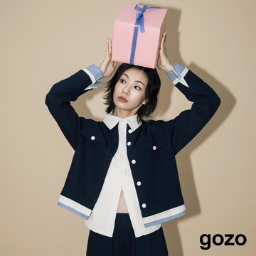 【gozo】A｜異材質拼接圓領開襟外套(深紅/深藍_F) | 女裝 圓領 百搭