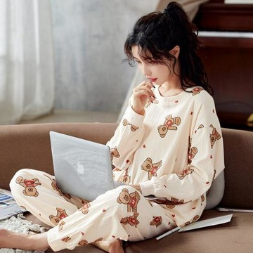 睡衣女春秋款純棉韓版長袖可愛大碼休閑套裝夏秋冬季家居服可外穿