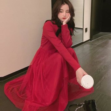 新年紅色針織連衣裙女中長款過膝冬天韓版拼接網紗收腰顯瘦A字裙