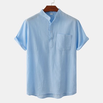 男士棉麻襯衫 立領素色棉麻短袖襯衫