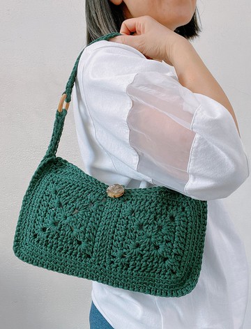 窗花拼接手鉤編織腋下包 墨綠色