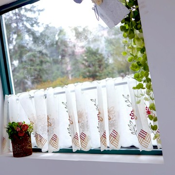 出口 免打孔門簾繡花純色短簾小窗戶裝飾紗簾布藝廚房柜子半簾