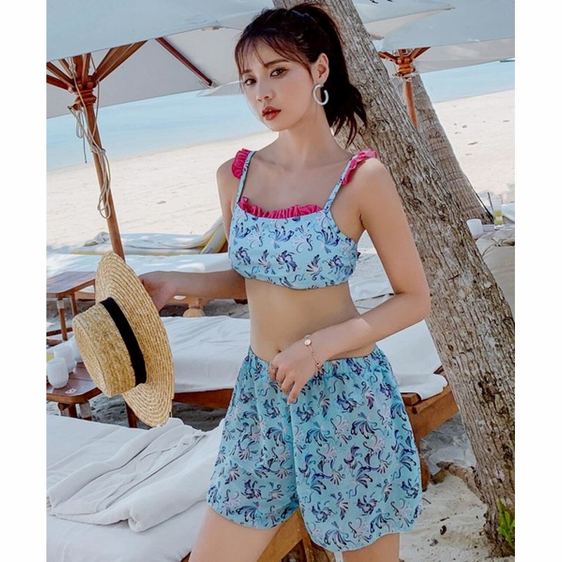 水着 可愛い花柄フリル爽やかブルーにピンクフリルビキニ水着 3p 通販 Lineポイント最大get Lineショッピング