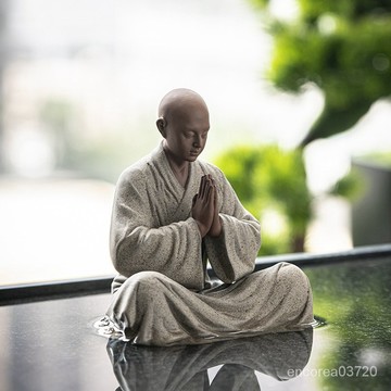 💯台灣出貨#中式禪意手工紫砂人物小和尚陶瓷擺件傢居博古架玄關桌麵裝飾擺設