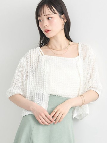 【SET ITEM】立體蕾絲摺邊泡泡袖開襟罩衫+內搭背心(01000698500) - earth music&ecology