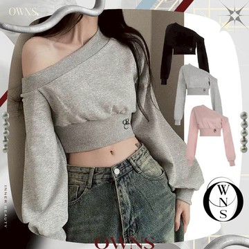 🥀旺斯女孩🥀斜肩收腰短版衛衣露肩上衣收腰上衣短版上衣灰色粉色短版大學T秋冬上衣