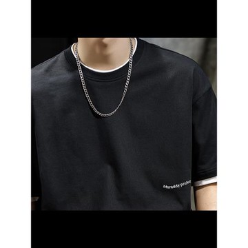 美式重磅純棉短袖T恤男2025夏季新款潮牌寬松假兩件衣服男士半袖t