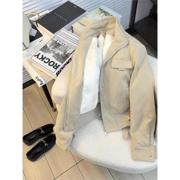 杭州加厚復古麂皮絨短款機車夾克外套女羽絨服休閑巨好看小香風