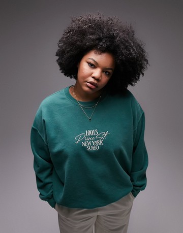 Topshop Curve graphic embroidered 10013 New York Soho vintage wash sweat in green
