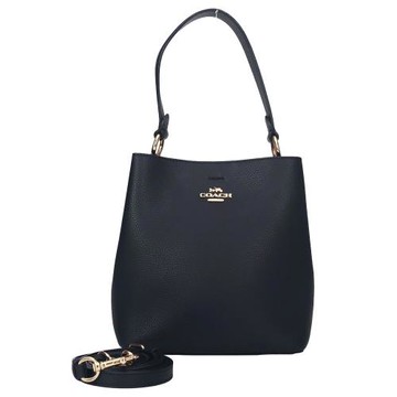 【COACH】素面皮革肩斜兩用水桶包-黑