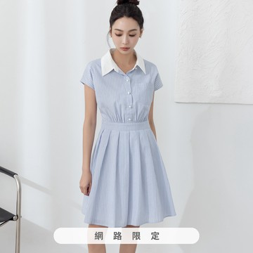 niceioi 韓系清甜翻領條紋珍珠釦顯瘦輕盈洋裝