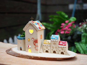 彩繪糖果街道花園燈屋/8件組(含燈+配件+木頭底座)