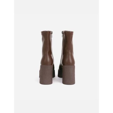 粗跟短靴女高跟咖棕色方頭防水臺女鞋馬丁靴彈力瘦瘦靴百搭短靴