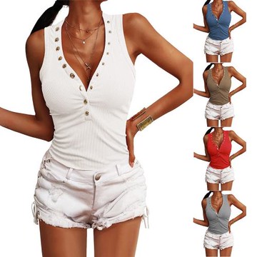 S-3xl Women's Large Thread Tank Top T-shirt大碼紐扣背心T恤女