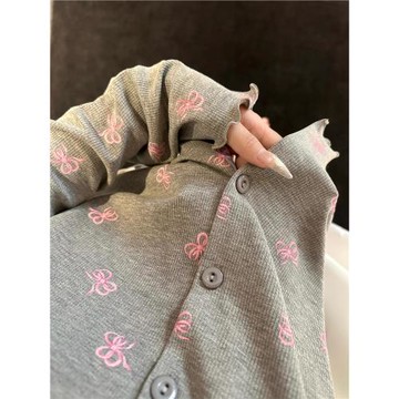 韓系灰粉蝴蝶結睡衣女春秋款2026新款高級甜美長袖長褲家居服套裝
