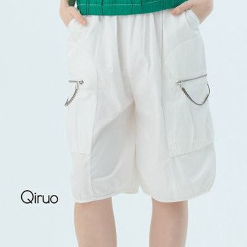 Qiruo 奇若專櫃精品白色休閒褲7108C側邊口袋設計