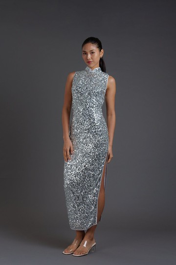 銀色無袖閃石旗袍裙 | 晚裝禮服 | 香港設