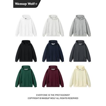 Wassup Wolf基礎款連帽衛衣男女簡約上衣情侶ins純色寬松純棉外套