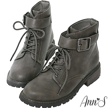 Ann’S帥氣軍靴-銀色扣帶綁帶短靴-灰