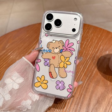 花朵小熊 iPhone17ProMax 磁吸透明硬殼 大孔鏡頭框 適用16/15/14/13/12/11系列手機殼