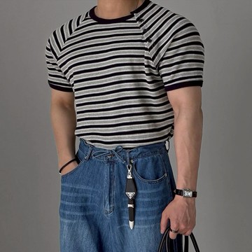 正韓經典條紋華夫格撞色單切亨利領短袖上衣 2色 YUPPIE 預購商品 0622