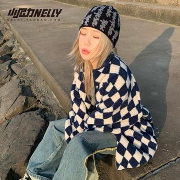 ins潮牌秋冬扎染棋盤格復古加絨加厚外套男立領情侶裝寬松棉服bf