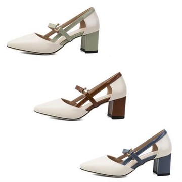 【Sp house】獨特拚色環扣尖頭縷空涼跟鞋(3色可選)