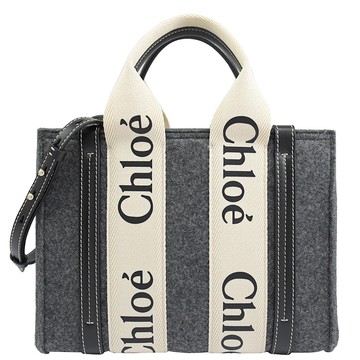 CHLOE Woody 經典LOGO織帶毛絨兩用手提斜背包.深灰 小