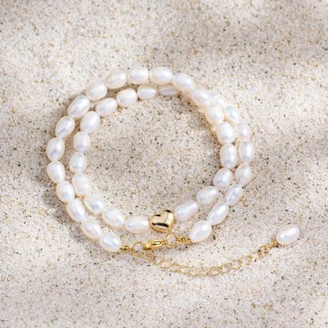 天然白色米型珍珠項鍊 6–7mm 金色愛心鏈 溫柔甜美 情人節禮物