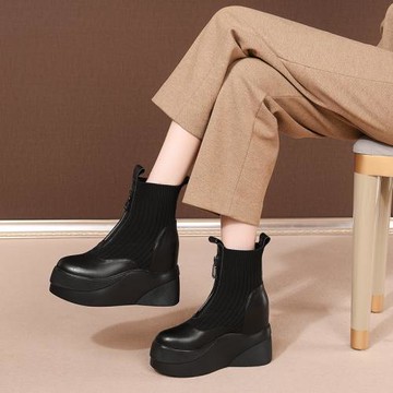 松糕內增高厚底坡跟休閑真皮短靴