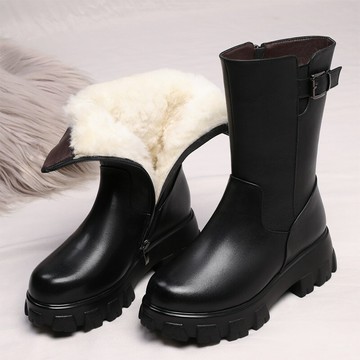 薏爾康厚底馬丁靴中筒靴平底真皮棉鞋女冬季加絨加厚羊毛新款棉靴