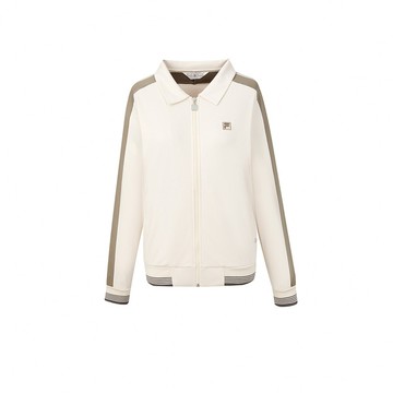 FILA 女復古條紋織帶翻領教練外套-米卡其 5JKA-1725-BG
