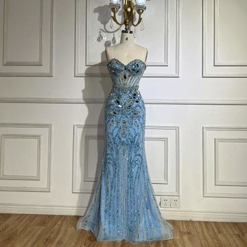 【女神婚紗禮服】輕奢閃耀幾何玻璃心領馬甲串珠小魚尾晚禮服LA72328星光藍