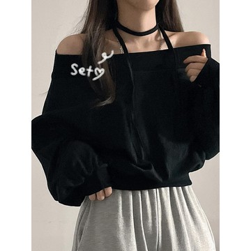 Codibook｜韓國 ddaynew 寬鬆落肩素色半短版露肩長袖T恤［預購］長袖上衣 T恤 女裝