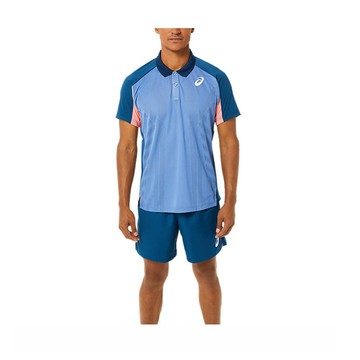 Asics [2041A193-401] 男 短袖 上衣 Polo衫 海外版 運動 訓練 網球 透氣 涼爽 防潑水 藍
