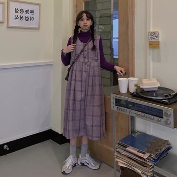 復古格紋背帶裙寬松高腰連衣裙呢子長裙+打底T恤女潮1入