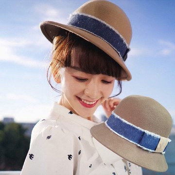 小溪駝色休閑簡約撞色織帶盆帽漁夫帽子女秋冬季名媛氣質禮帽1入